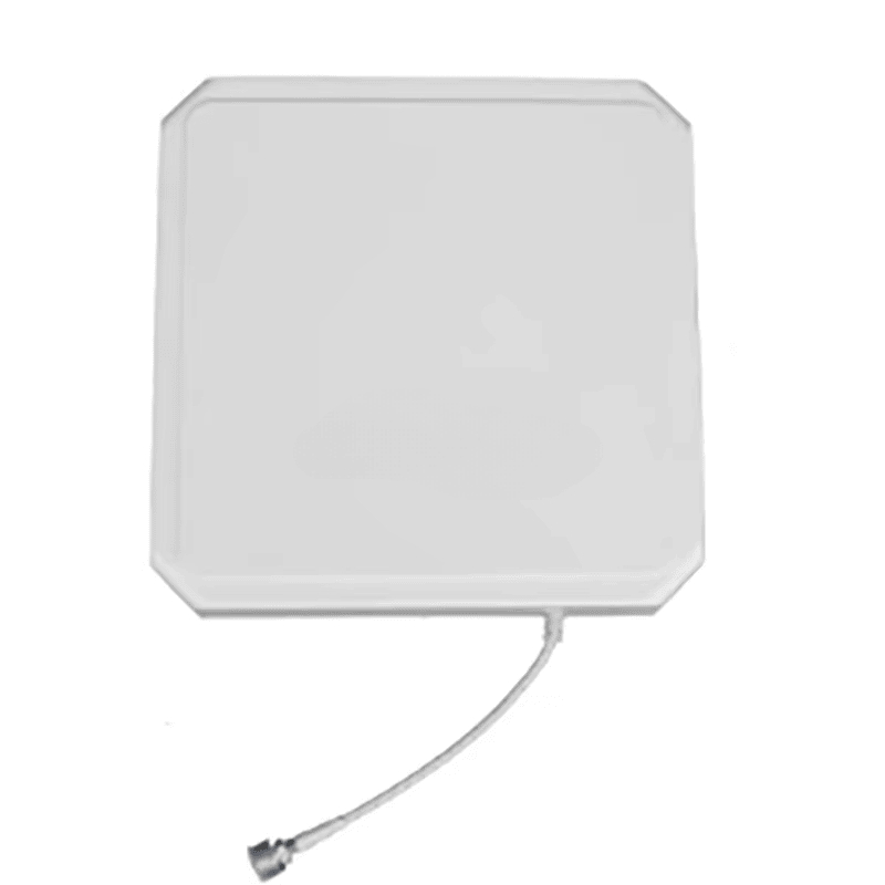 Această imagine arată o vedere pătrată frontală a antenei cititorului fix ZK-ANT258D UHF cu cablul coborând din partea de jos în centru.