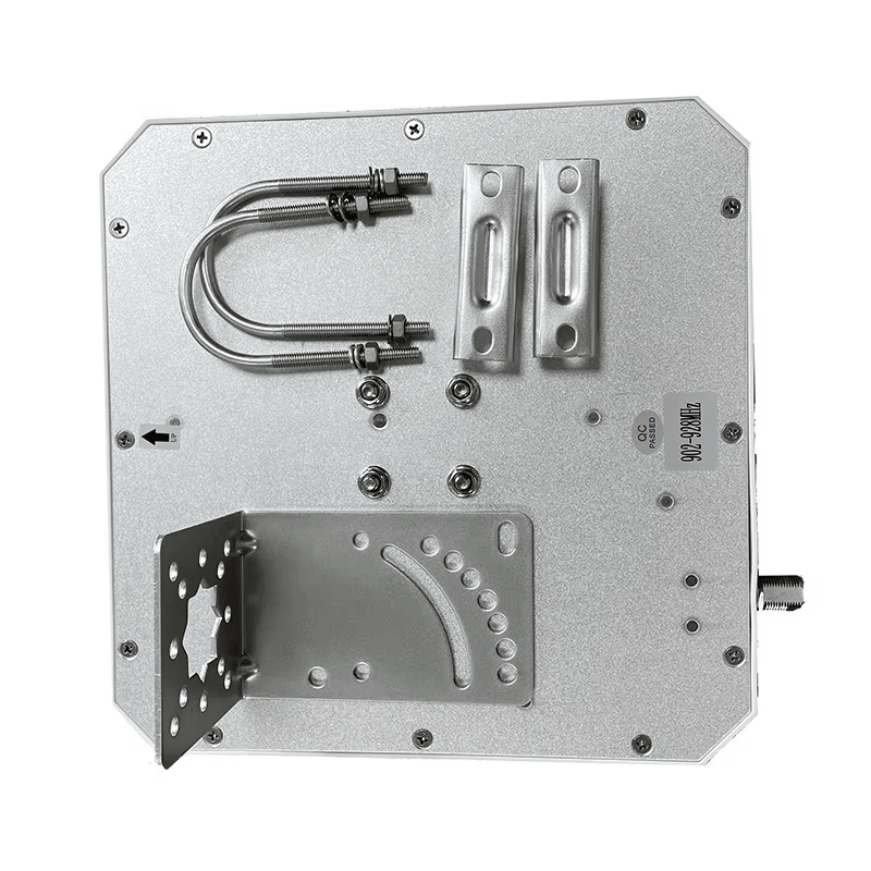 Această imagine arată partea din spate a antenei fixe pentru cititor ZK-ANT258D UHF; cu hardware de montare pe stâlp și părți suport atașate.