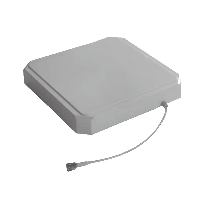 Această imagine arată o vedere oblică a antenei ZK-ANT258D UHF pentru cititor fix, cu cablul curbat spre exterior din carcasă.