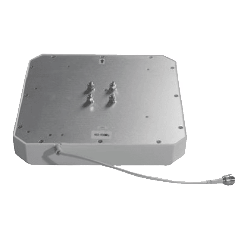Această imagine arată o vedere din spate înclinată a antenei cititorului fix ZK-ANT258D UHF; cu știfturile de montare și cablul vizibile.
