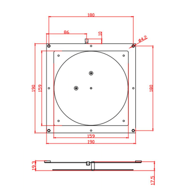 Imaginea prezintă desenul dimensional al antenei UHF RFID full-band ZK-ANT190D, cu măsurători frontale și laterale în milimetri.
