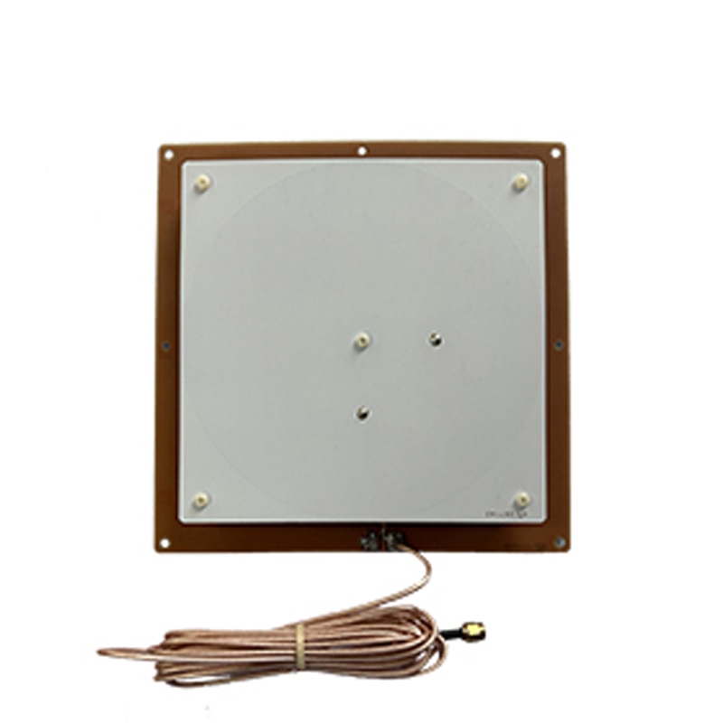 Imaginea prezintă antena UHF RFID full-band ZK-ANT190D ca panou pătrat, cu un cablu coaxial conectat în partea de jos.