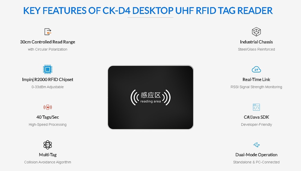 Diagramă tehnică dimensională a cititorului RFID CK-D4, care arată dimensiunea compactă de trei sute șaptezeci pe două sute șaptezeci și opt de milimetri.