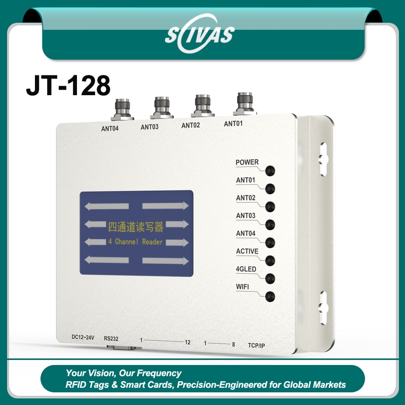 Această imagine arată cititorul fix JT-128 UHF RFID pe un afișaj cu marca SCIVAS cu patru porturi de antenă și lumini de stare frontale.