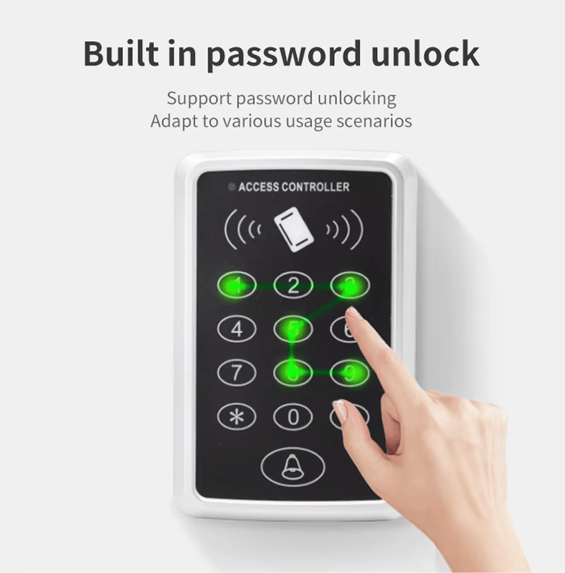 Un montaj demonstrează că cititorul de carduri cu tastatură M40 este utilizat pentru gestionarea securizată a accesului în depozite de birouri și case.