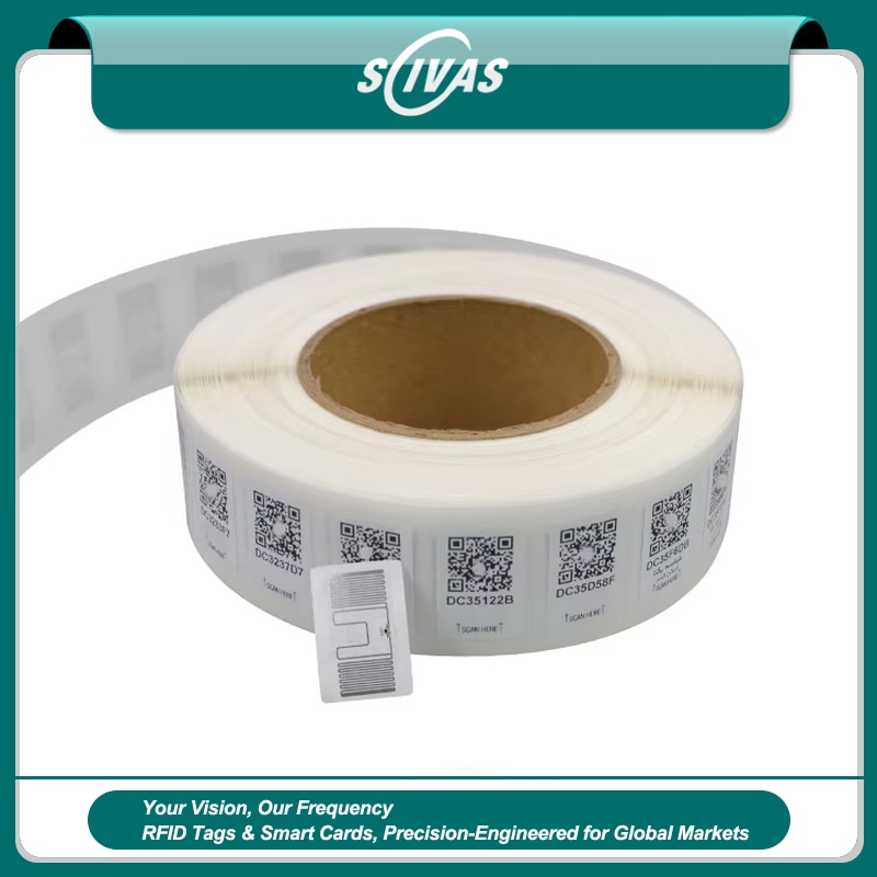 Această imagine arată o rolă de UHF autocolante fragile cu coduri QR imprimate și o etichetă decojită care dezvăluie antena internă RFID.
