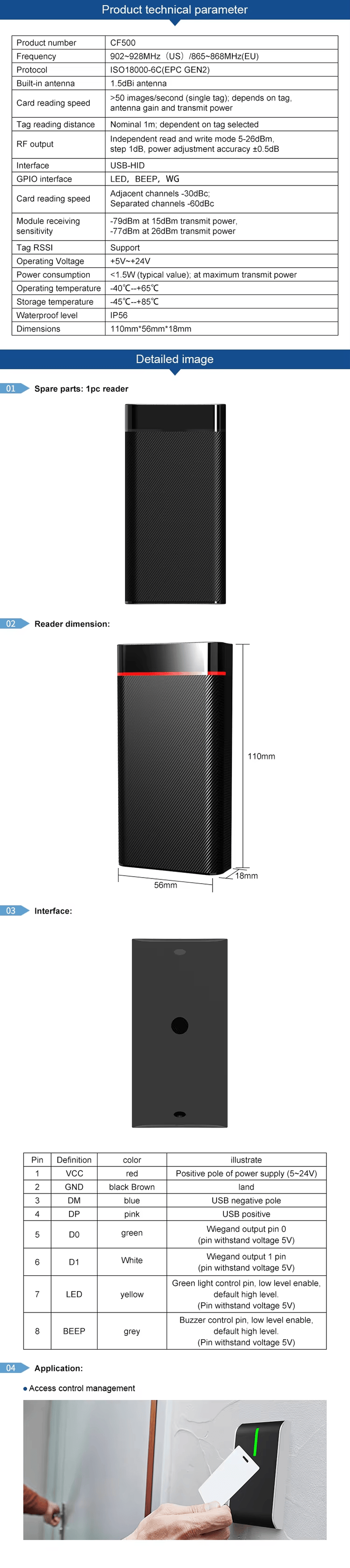 Infografic care ilustrează capacitatea de scanare pe distanță de 1 metru a cititorului RFID CF500 pentru gestionarea eficientă a accesului personalului.