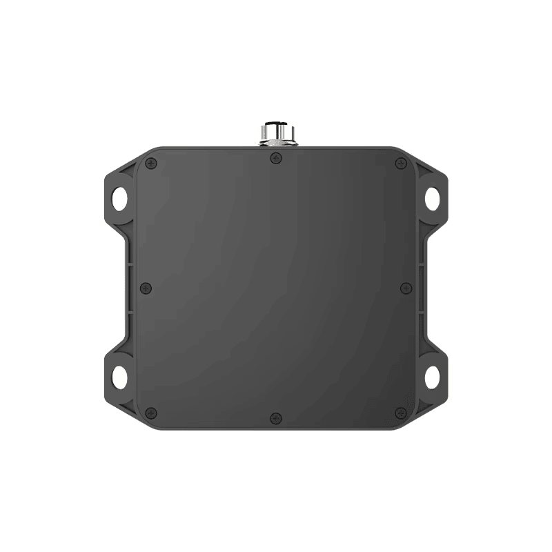 O vedere din spate arată cititorul industrial CF821 UHF cu un capac din spate sigilat și patru urechi de montare pentru fixare industrială.