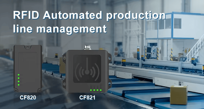 Un tabel de produse conexe compară CF821 și CF821-15693 după frecvență, protocol și distanță de citire într-o singură diagramă vizuală.