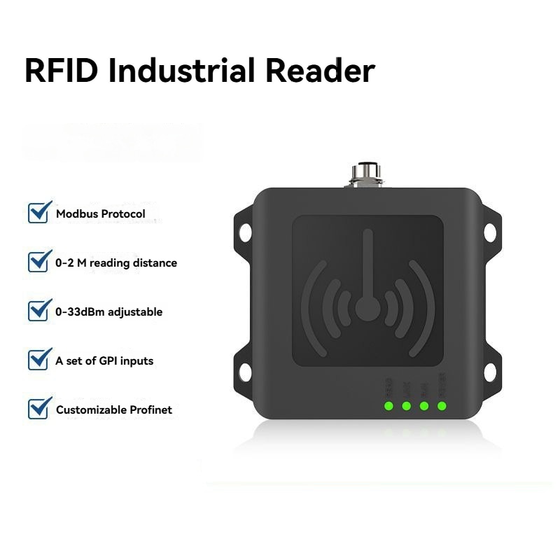 O placă de prezentare evidențiază cititorul industrial UHF CF821 cu protocol Modbus, intrare GPI și comunicație RS232 sau RS485.