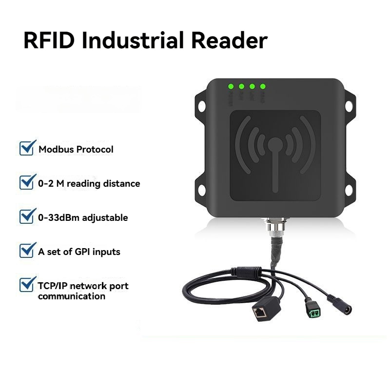 O placă de prezentare arată cititorul industrial UHF CF821 cu protocol Modbus, intrare GPI și comunicație de rețea TCP IP.