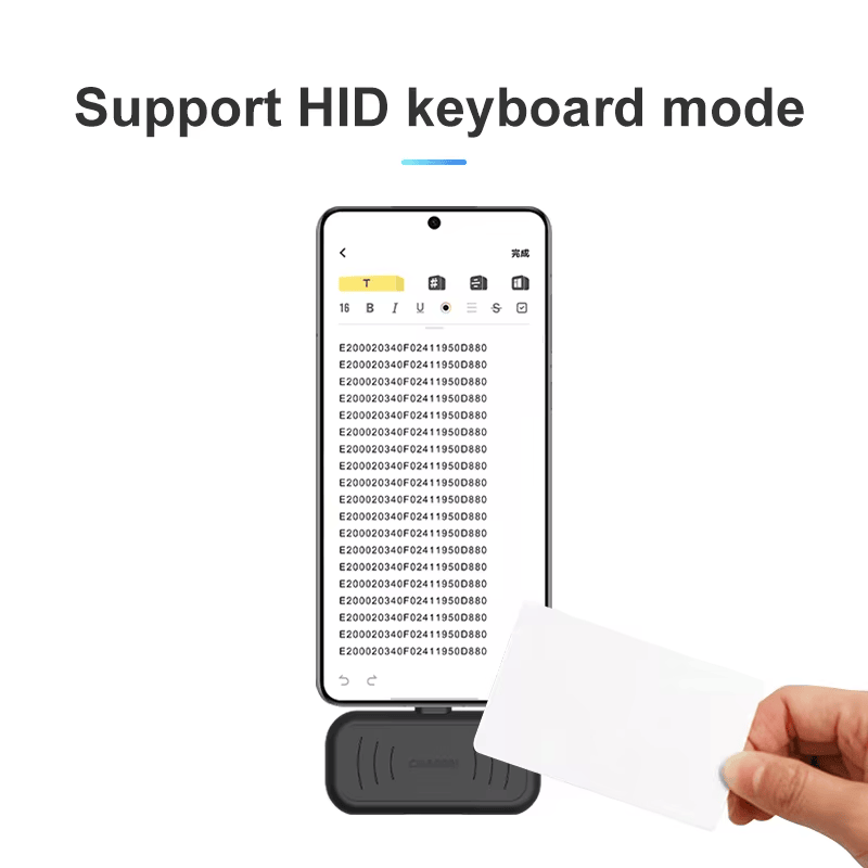 Cititorul H101 compact UHF RFID este asociat cu un ecran de smartphone pentru a ilustra modul tastatură HID pentru introducerea directă a datelor de etichetă.