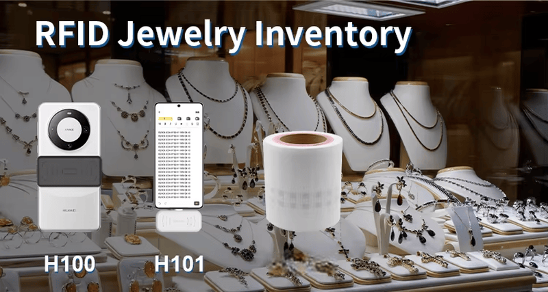 Cititorul compact UHF RFID H101 este ilustrat într-o scenă de inventar pentru bijuterii, cu coliere expuse și articole retail etichetate.