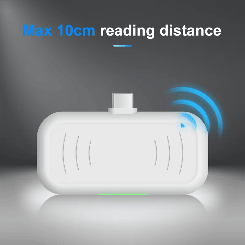 Cititorul compact UHF RFID H101 este prezentat cu unde de semnal albastre și text care evidențiază distanța maximă de citire de 10 cm.