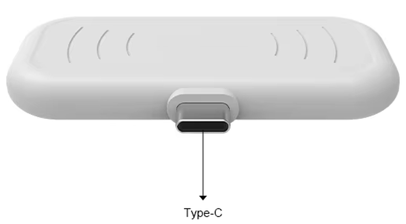 Conectorul Type C al cititorului compact UHF RFID H101 este prezentat într-un prim-plan din partea inferioară, pentru a evidenția portul de încărcare și date.