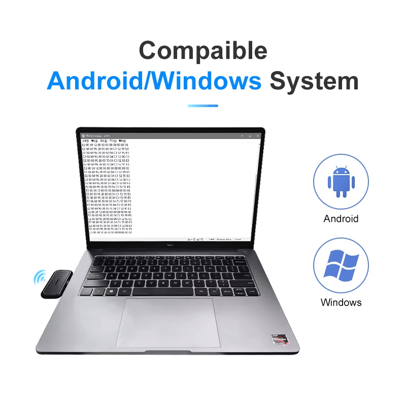 Cititorul UHF RFID H101 este prezentat lângă un laptop, cu pictograme Android și Windows pentru a ilustra compatibilitatea sistemelor pentru transferul de date.