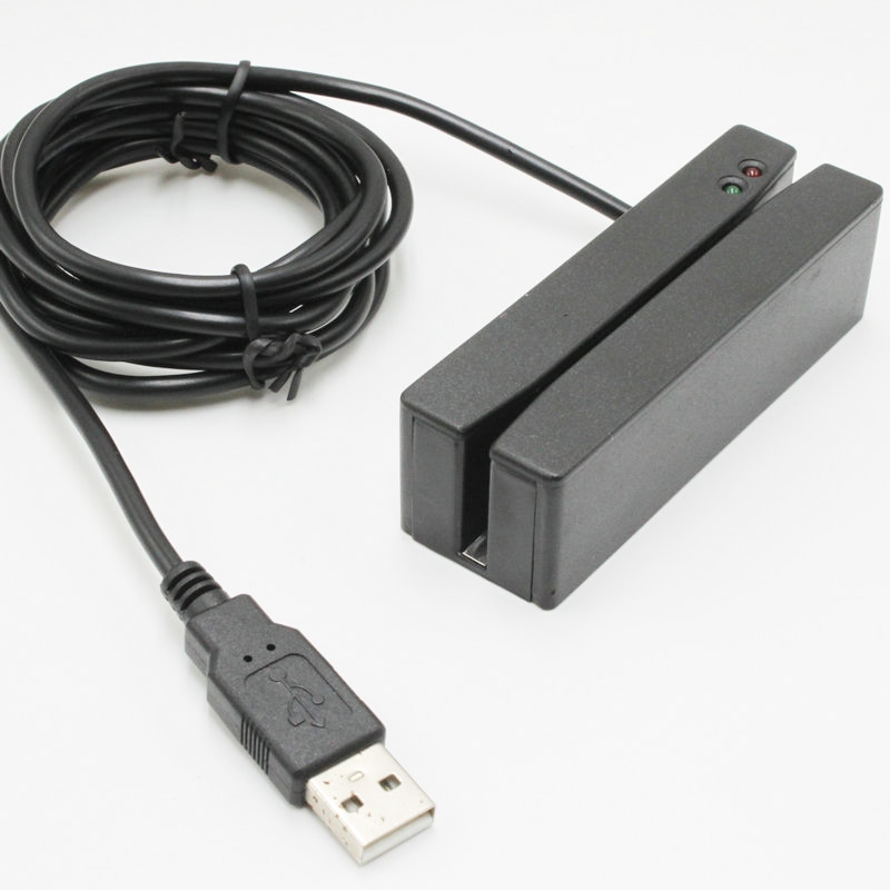 Fotografie în unghi a cititorului bidirecțional de bandă magnetică YD-440A-Series, cu mufă USB și carcasă compactă neagră.