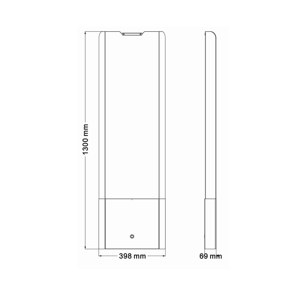 Desen tehnic care prezintă dimensiunile exacte de 1300x398x69 mm ale sistemului cititor RFID de poartă ultra-subțire CK-T2A.