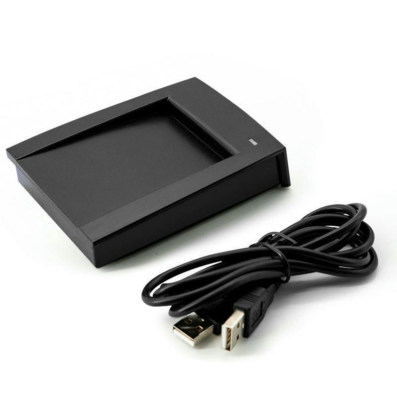 Fotografie de produs a cititorului de carduri MIFARE pentru sisteme HF, prezentând indicatorul LED în categoria cititoarelor RFID HF 13.56MHz.