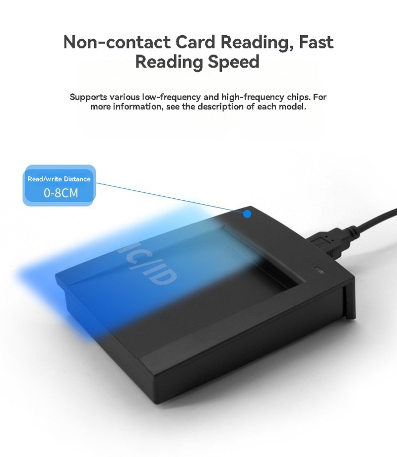 Fotografie de produs a cititorului de carduri MIFARE pentru sisteme HF, ilustrând utilizarea în sisteme de securitate din categoria cititoarelor RFID HF 13.56MHz.
