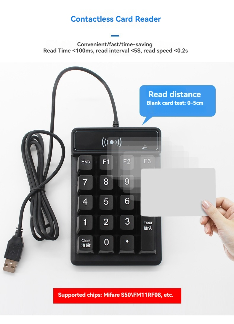 Imaginea arată cititorul RFID HF R98C cu tastatură și un card apropiat de panoul superior, pentru a ilustra distanța de citire contactless.