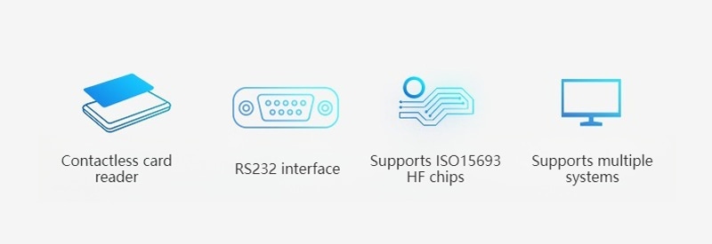 Cititor RFID HF pentru sisteme ISO15693, prezentat într-o aplicație de instalare pentru control acces cu cititor RFID HF 13.56MHz.