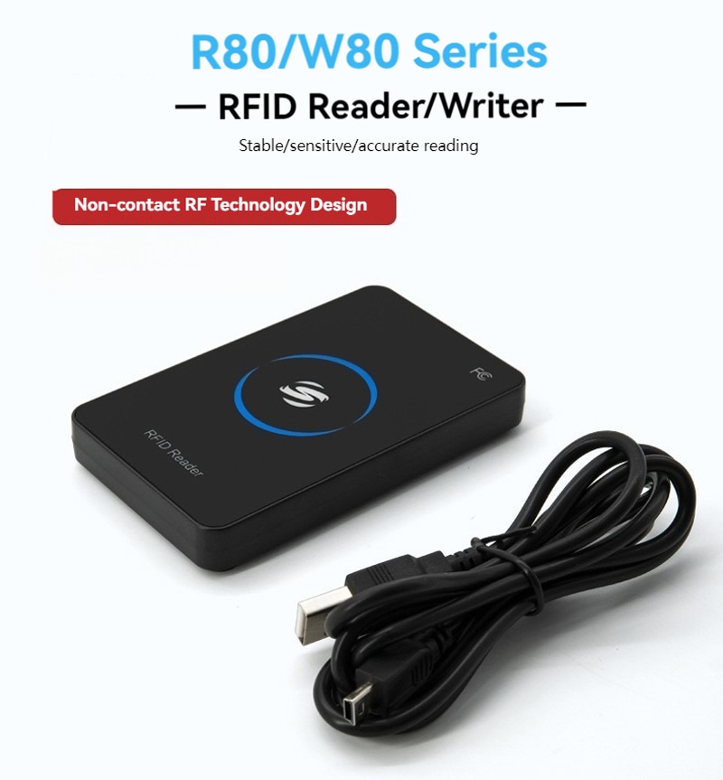 Grafic promoțional pentru cititorul/scriitorul RFID HF seria R80 W80, dedicat citirii stabile și sensibile a cardurilor.
