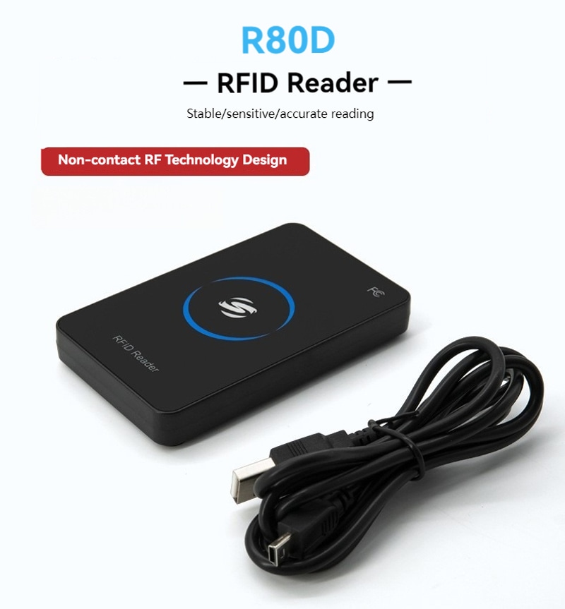 Prezentare generală a cititorului RFID desktop R80D cu design compact și finisaj negru mat