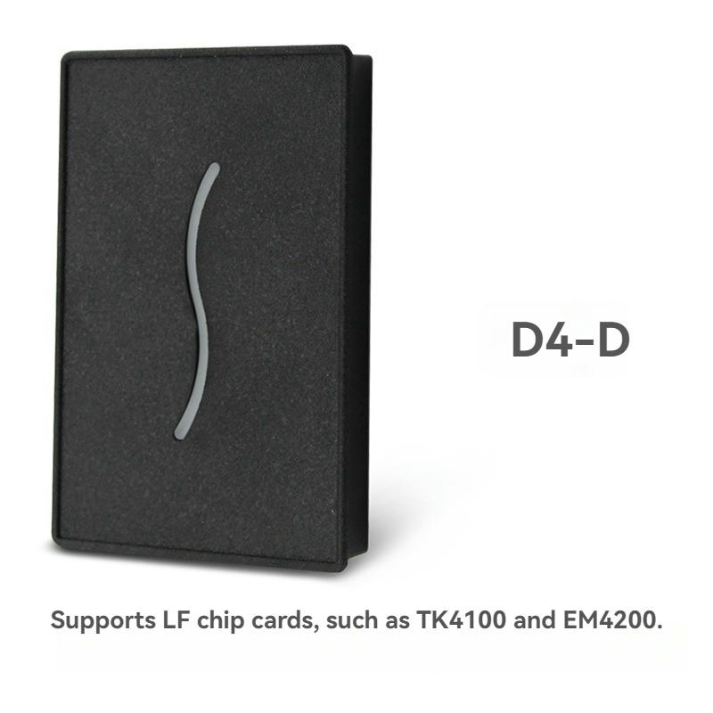 Tabelul tehnic prezintă tensiunea de funcționare, distanța de citire și distanța de transmisie pentru cititorul RFID de acces seria D4.