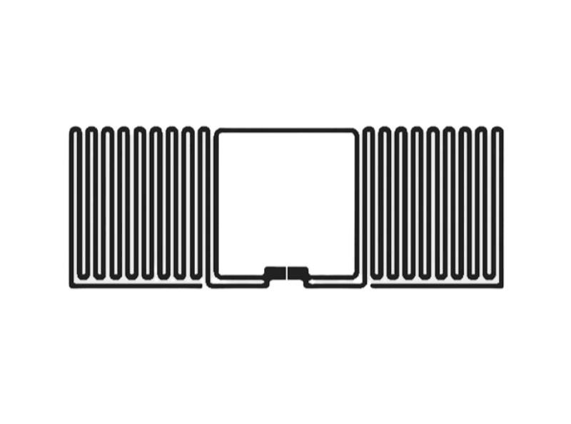 Graficul antenei prezintă inlay-ul etichetei RFID UHF de 27x10mm, conceput pentru identificarea sigură a articolelor retail și prevenirea pierderilor.