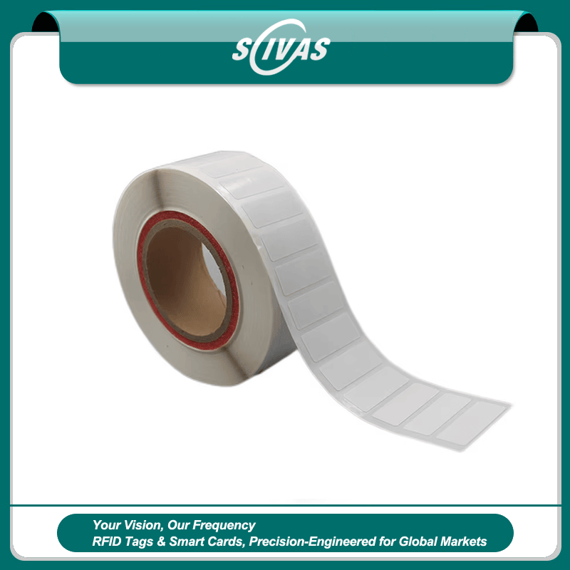 Fotografia produsului arată o rolă de etichete 27x10mm UHF RFID în format 30x13mm pentru controlul securizat al inventarului de vânzare cu amănuntul.
