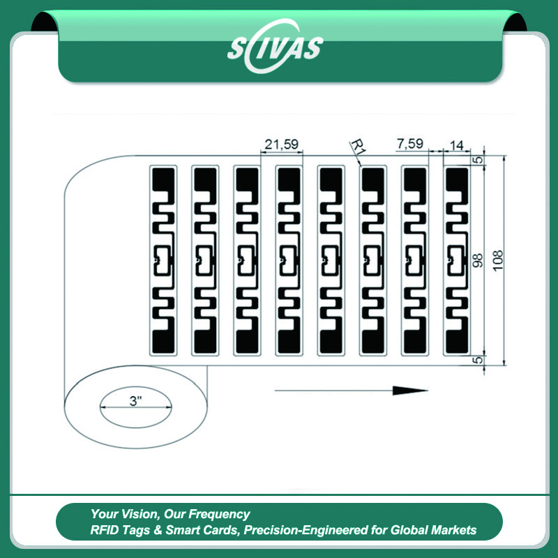 Această diagramă prezintă un aspect al rolei de etichete 95x11mm UHF RFID cu incrustații repetate și marcaje dimensionale pentru etichetarea lanțului de aprovizionare.