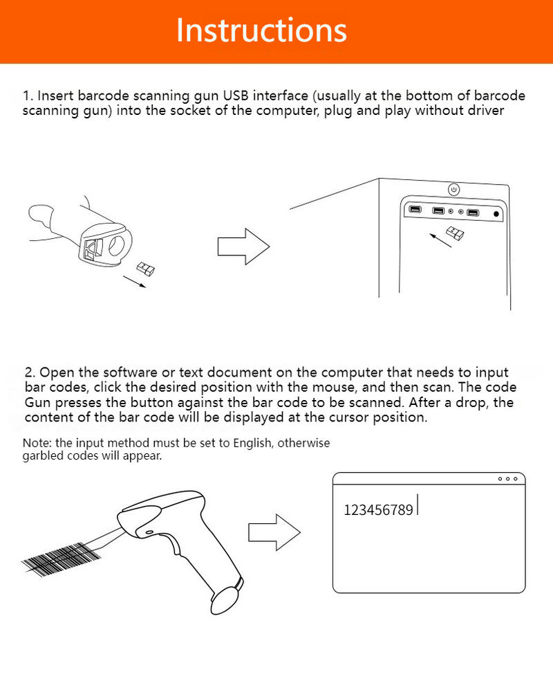Scanner laser USB pentru coduri 1D prezentat dintr-o perspectivă frontală clară pentru aplicații cu scanere laser de coduri de bare.