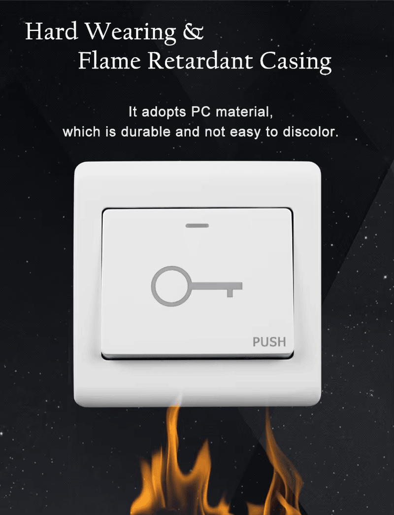 Buton de ieșire din plastic cu LED dublu pentru control acces prezentat cu design pentru montaj pe perete.
