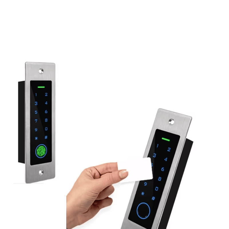 O vedere de aproape a senzorului biometric F4 demonstrează tehnologia de recunoaștere a amprentelor digitale de înaltă precizie utilizată pentru verificarea rapidă și sigură a utilizatorului.