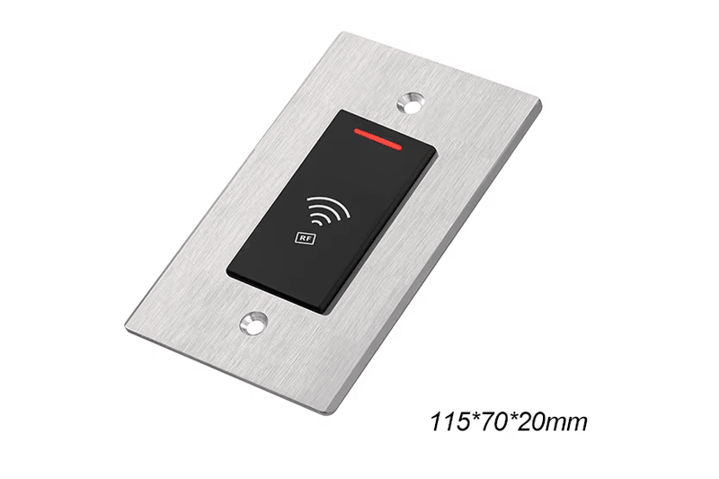 Ghidul de instalare pentru terminalul RFID de acces model E prezintă montarea dispozitivului într-un perete sau panou pentru un finisaj integrat.