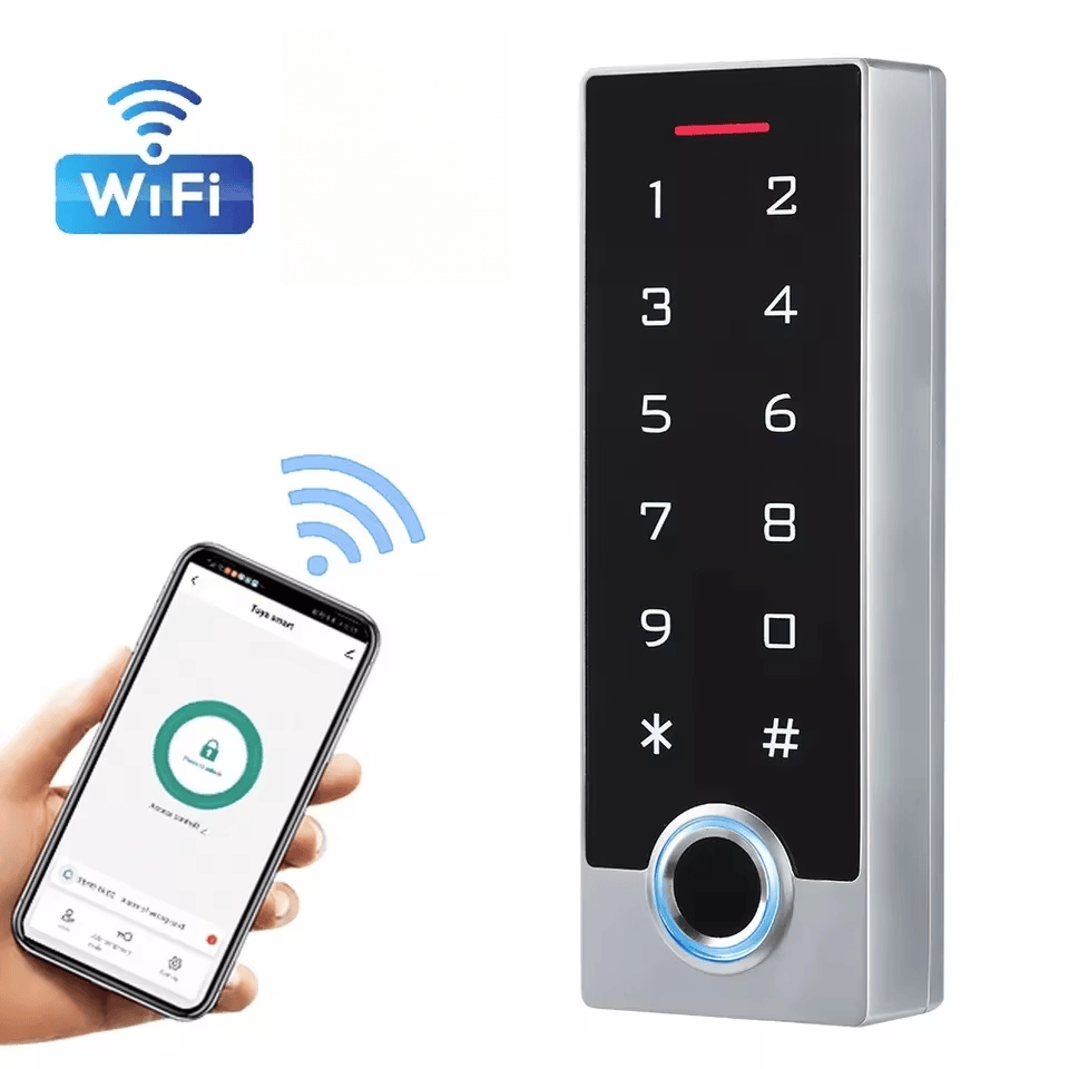 Această imagine evidențiază terminalul de control al accesului Tuya WiFi Fingerprint RFID al instalării ușii pentru aplicațiile terminale biometrice de control al accesului.