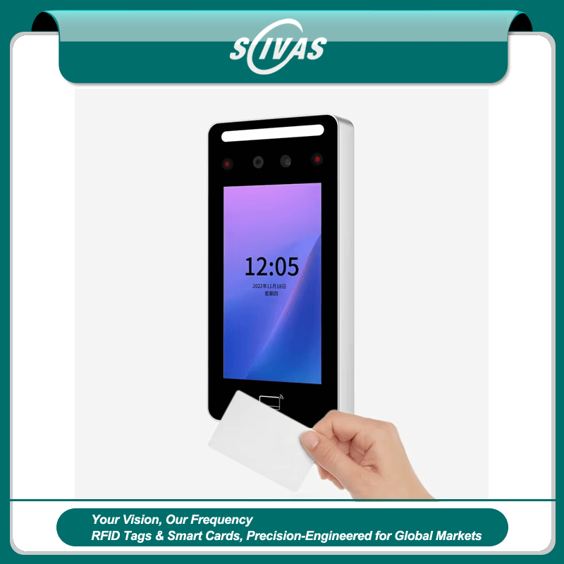 Terminalul de acces facial FV-5 Tuya este afișat într-o imagine banner înrămată cu o mână care prezintă cititorului un card RFID necompletat.