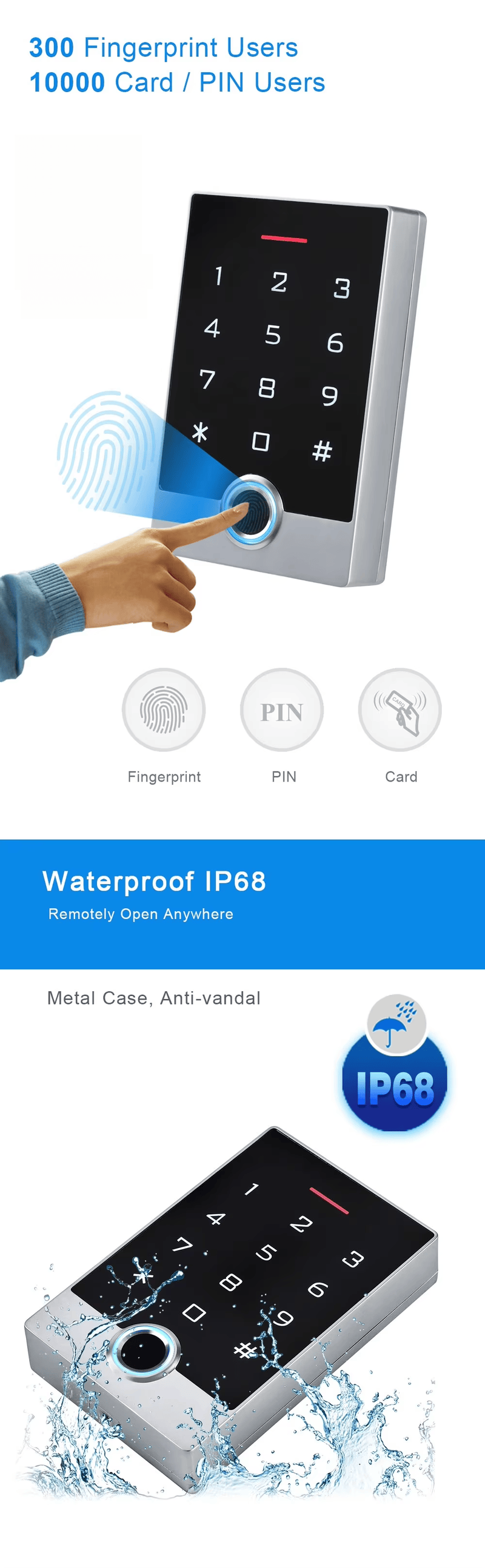 Terminal de control acces RFID cu amprentă și WiFi Tuya cu indicator LED pentru proiecte de control acces biometric.