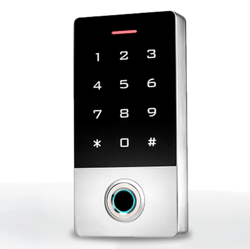 Terminal de control acces RFID cu amprentă și WiFi Tuya cu design pentru montare pe perete în aplicații de control acces biometric.