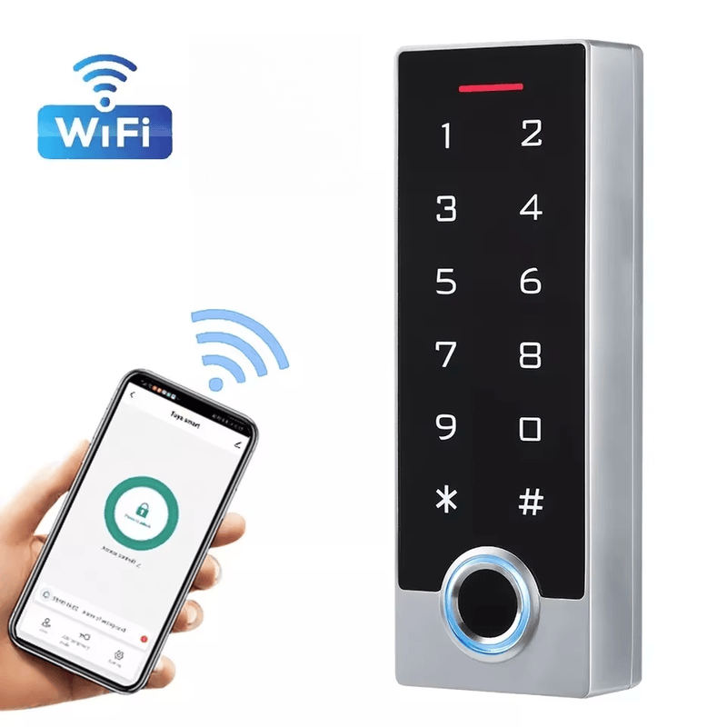 Terminal de control acces RFID cu amprentă și WiFi Tuya cu carcasă impermeabilă pentru aplicații de control acces biometric.