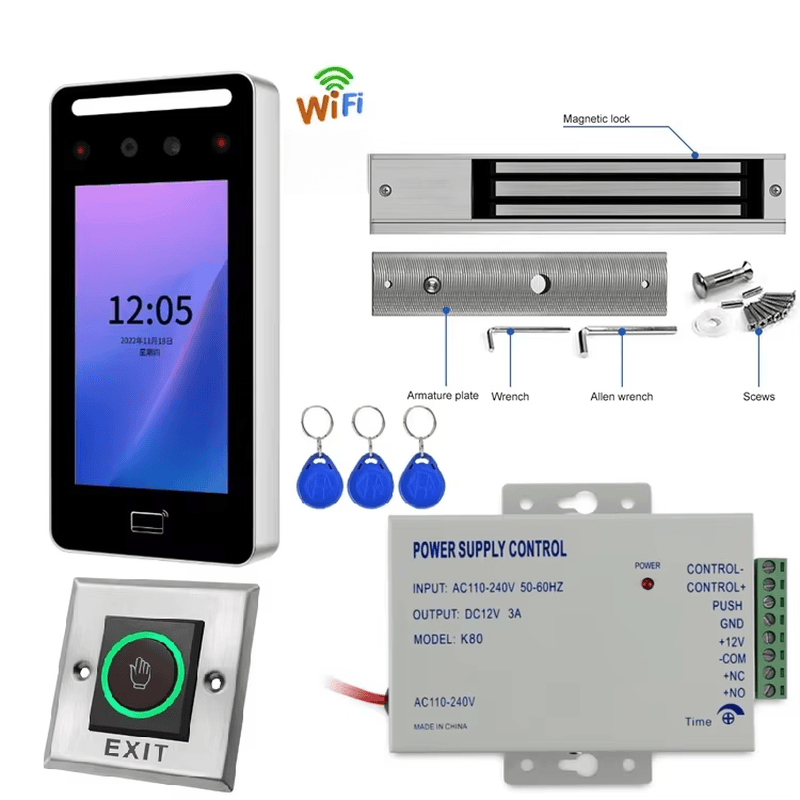 Imaginea kitului de acces facial Tuya FV-5 include controlerul, yala magnetică, butonul de ieșire și brelocurile RFID pentru acces la ușă.