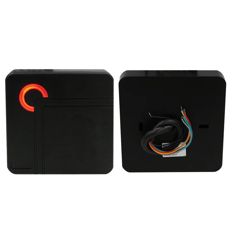 Această imagine evidențiază Cititorul de carduri de acces rezistent la apă RFID pentru sistemele Wiegand a siglei imprimate pentru aplicațiile cititoare de acces RFID.