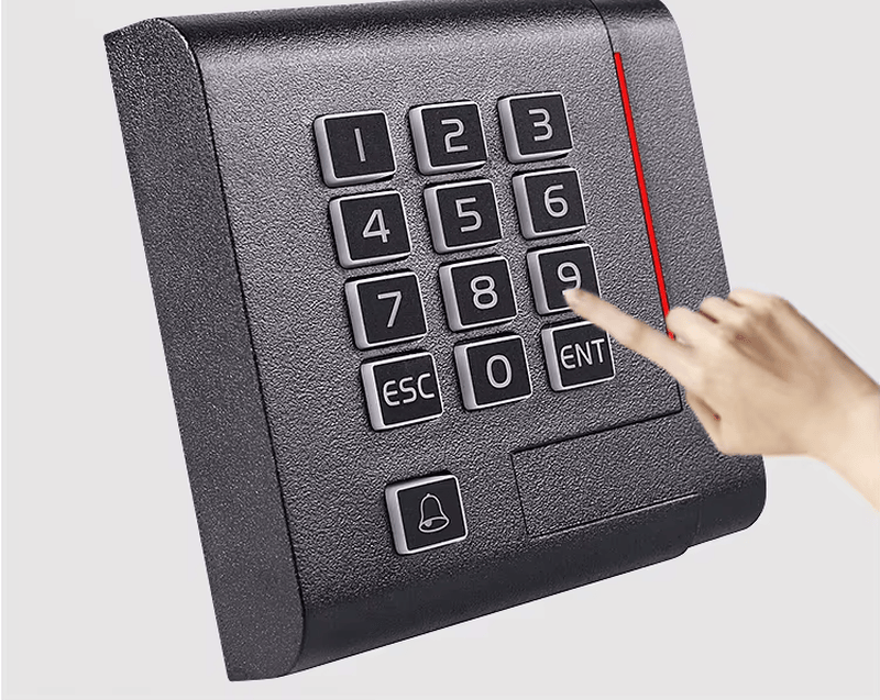 Fotografie a produsului RFID cu frecvență duală a cititorului de acces la tastatură care arată instalarea intrării în ușă în categoria Cititoare de acces la tastatură.