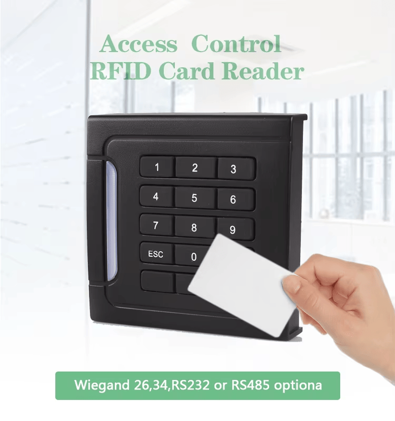 Cititor RFID autonom cu tastatură pentru acces securizat prezentat cu detalii ale cipului RFID pentru aplicații de control acces.
