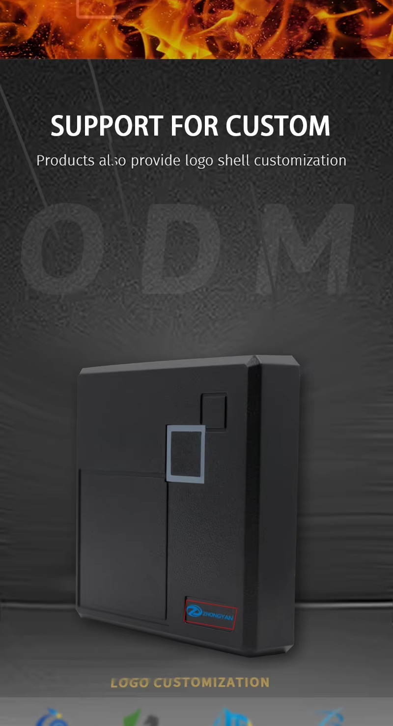 Cititor RFID pentru acces uși prezentat cu logo imprimat pentru proiecte RFID.