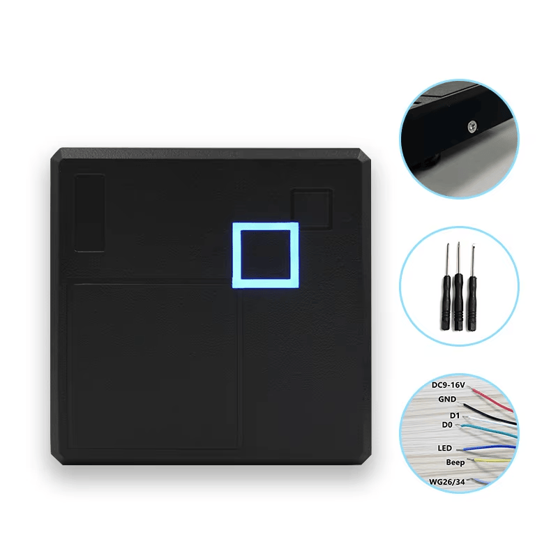 RFID Cititor de acces la intrare pentru controlul ușii prezentat dintr-o perspectivă clară a designului de montare pe perete pentru aplicațiile cititoare de acces RFID.