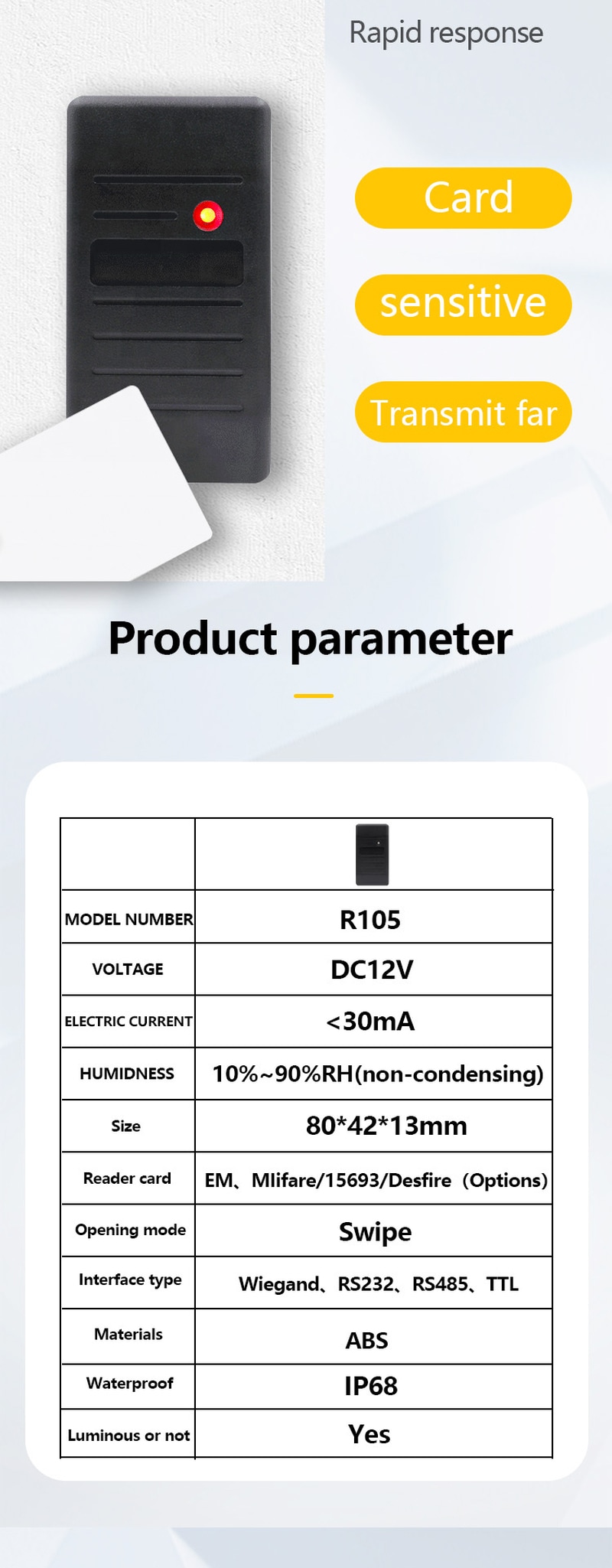 Cititor RFID 125KHz impermeabil cu RS232 prezentat cu detalii despre cip pentru aplicații de control acces RFID.
