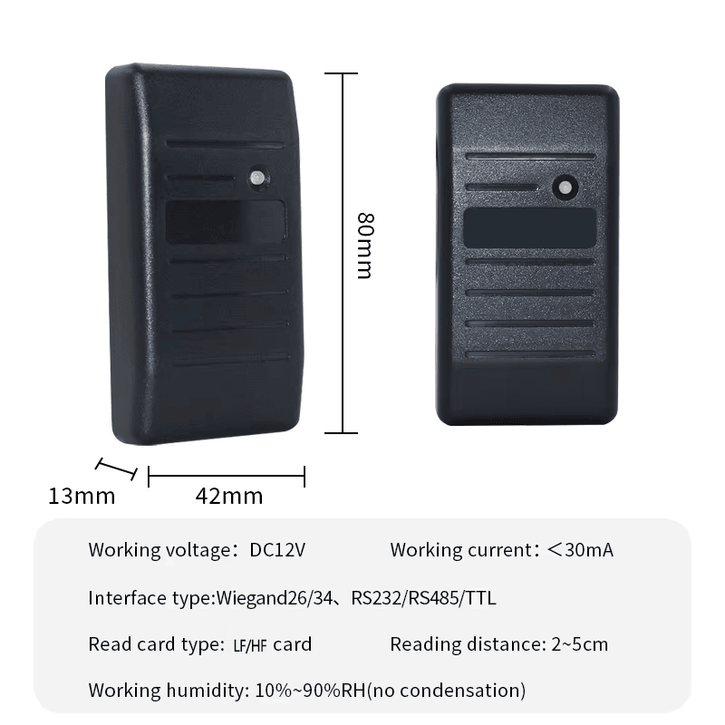Cititor de acces RFID rezistent la apă la 125KHz cu RS232 afișat dintr-o perspectivă clară a carcasei impermeabile pentru aplicațiile cititoare de acces RFID.