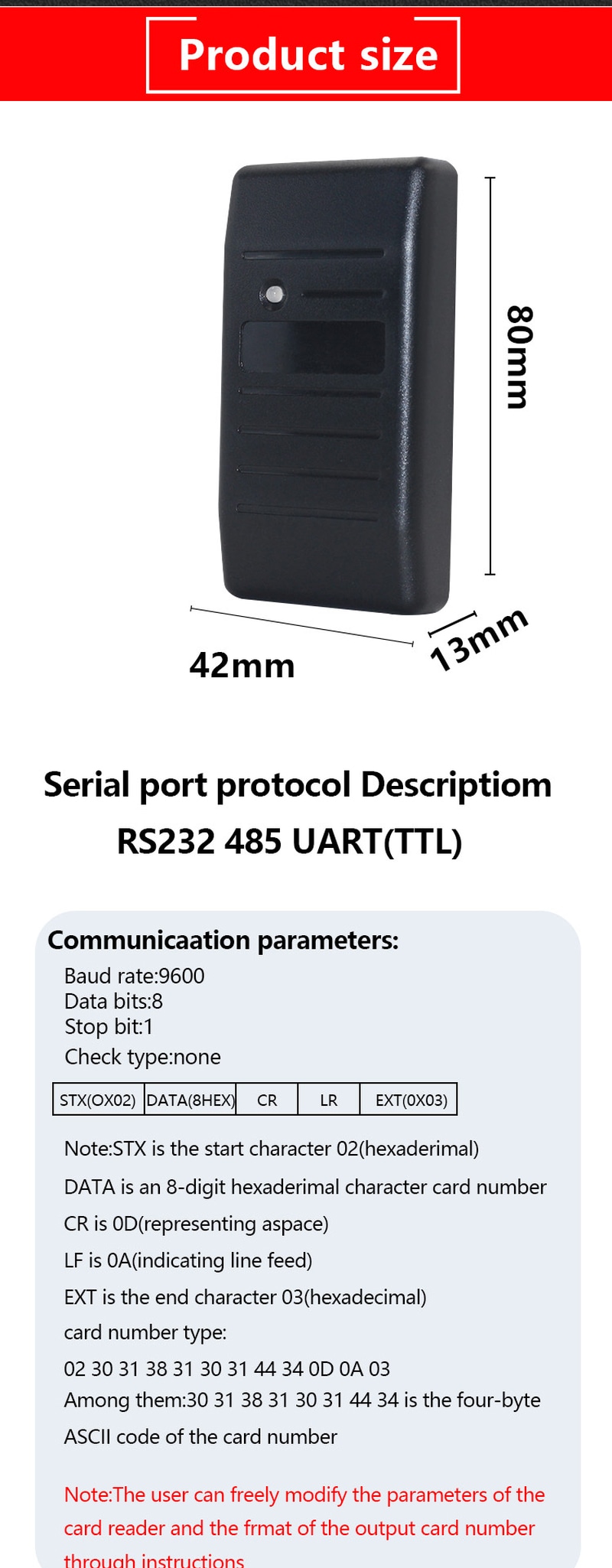 Imaginea evidențiază finisajul materialului pentru cititorul RFID 125KHz impermeabil cu RS232.